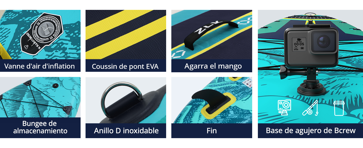 Image composite montrant les caractéristiques de la planche de surf : valve de gonflage, coussin de pont en EVA, poignée, élastique de rangement, anneau en D, aileron et support de caméra. Des libellés textuels en espagnol décrivent chaque composant.