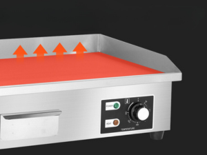 une cuisine en acier inoxydable avec des flèches oranges pointant vers la gauche.