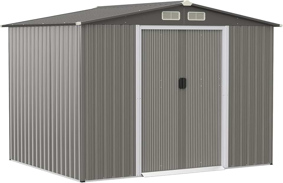 karaca-alisveris 4,74㎡ Abri de Jardin en Métal Galvanisé avec Base, Cabine de Jardin Extérieur Porte Coulissante, Résistant aux Intempéries, Cabane de Rangement à Outils 8,59m³, 260 x 207x181cm, Toit Gris Foncé
