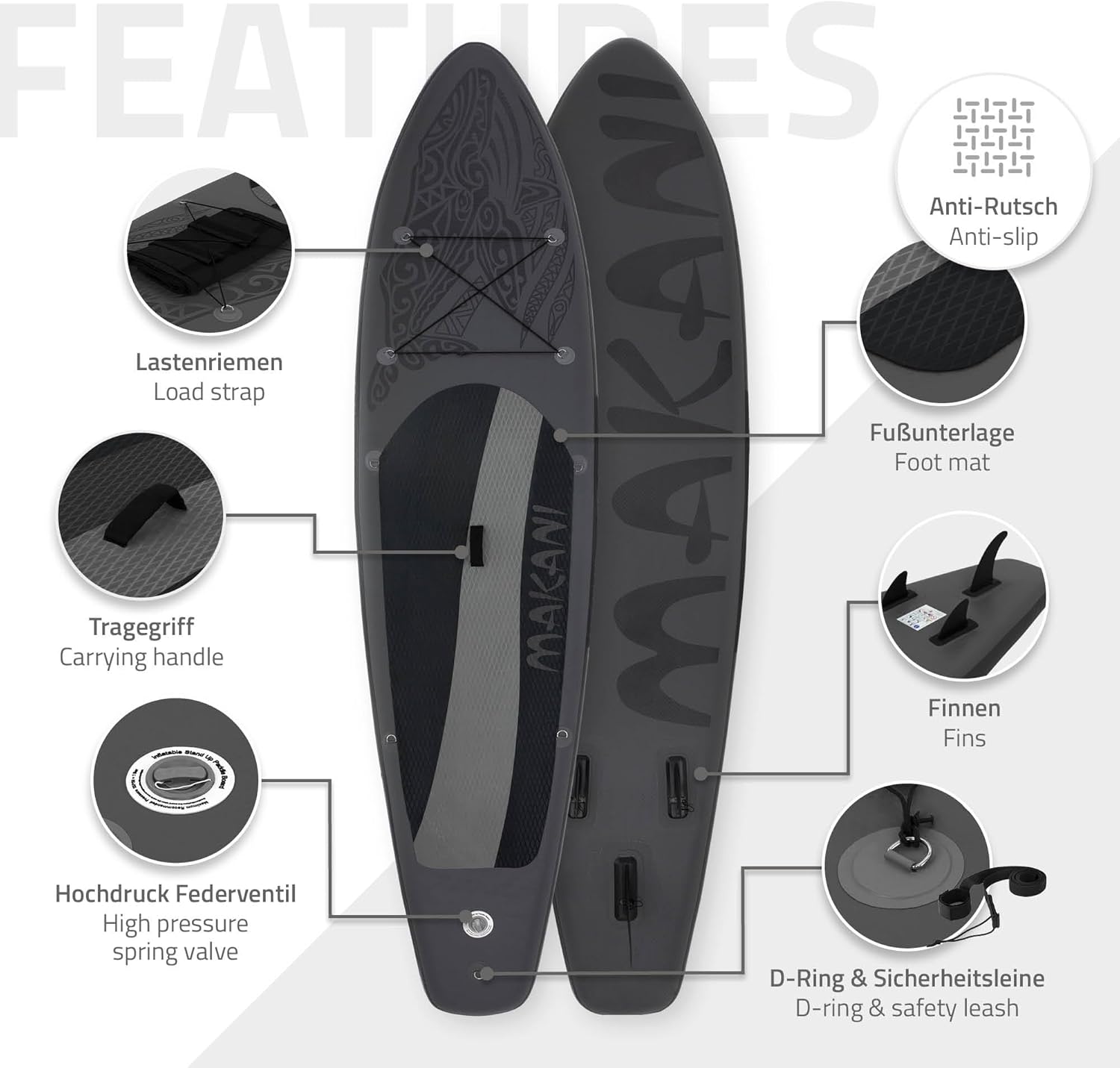 karaca-alisveris - Stand Up Paddle Gonflable - 305/308/320/380 cm - PVC, 120/150 kg, épaisseur 10/15 cm