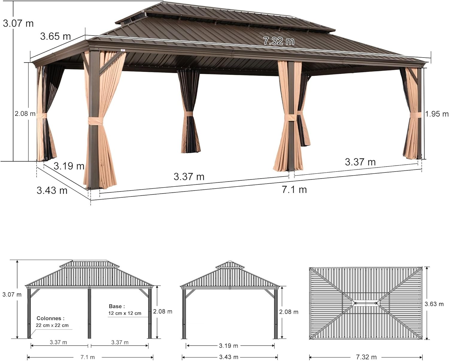 karaca-alisveris - tonnelle jardin - 7,32x3,65m - acier galvanisé, rideaux épais, gouttière intégrée