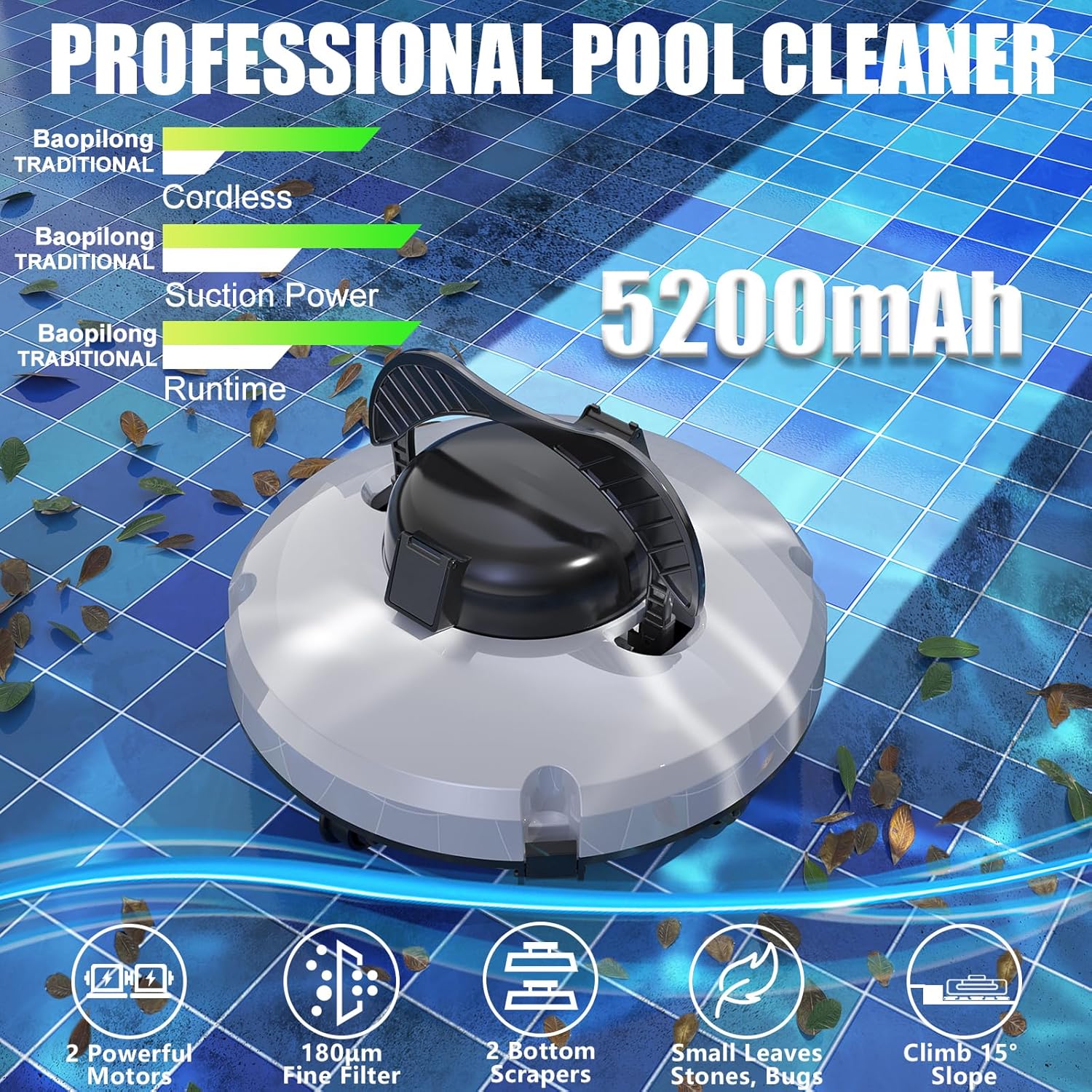 Robot aspirateur piscine - sans fil - 120 min autonomie, 1000 pi2, autoparking