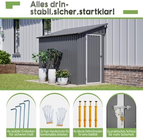 Abri de jardin en métal de 10,2 x 20,3 cm avec toit incliné, porte verrouillable et 2 ouvertures d'aération – Abri à outils peu encombrant pour arrière-cour et terrasse, rangement des outils, gris