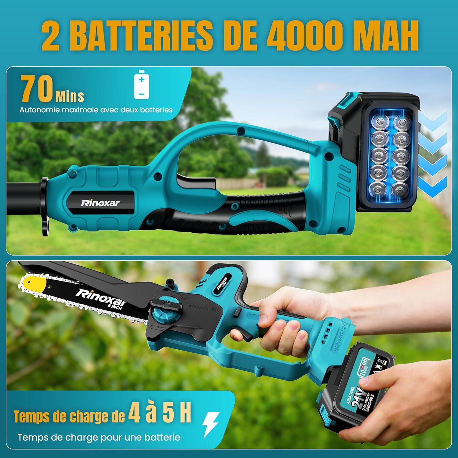 Élagueuse sur perche - 8 pouces - batterie 2x4000mAh, télescopique, lubrification auto