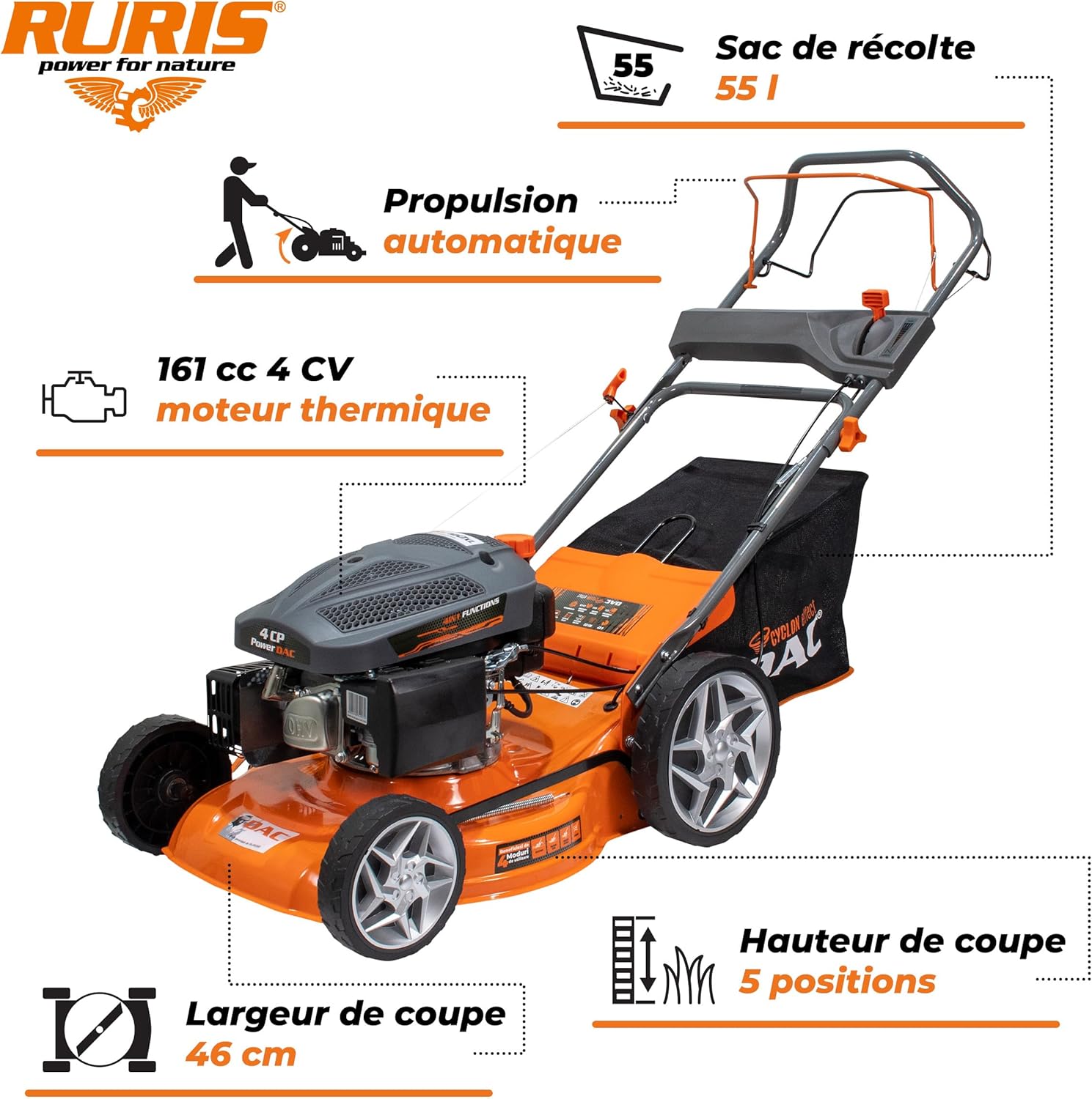 RURIS - tondeuse thermique tractée - 46 cm coupe - 4 CV, 135 cm³ - 120Xl