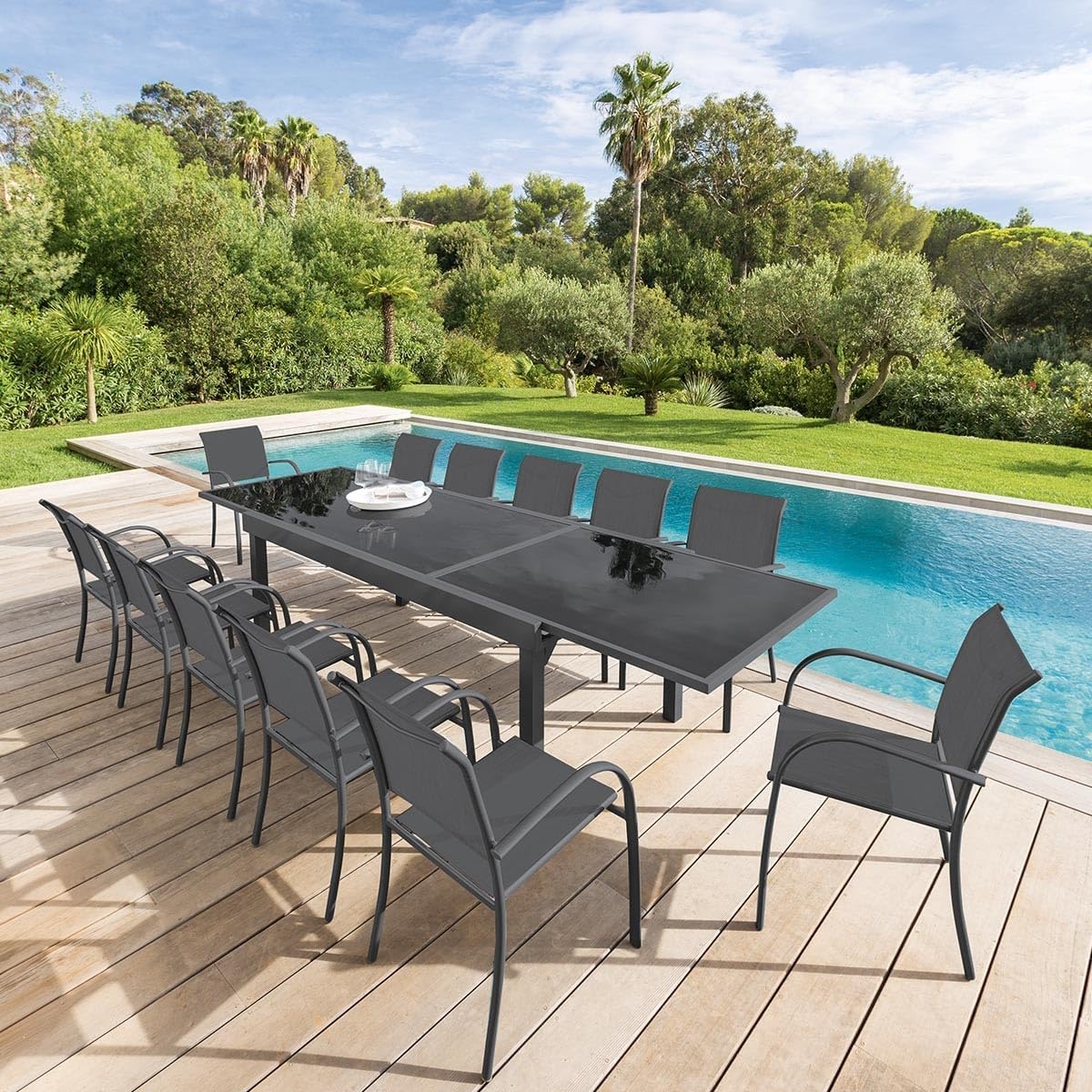 karaca-alisveris - Piazza extensible - 185/245x100 cm - aluminium verre trempé 10 places