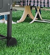 une pelouse avec un grill et une table en arrière-plan.