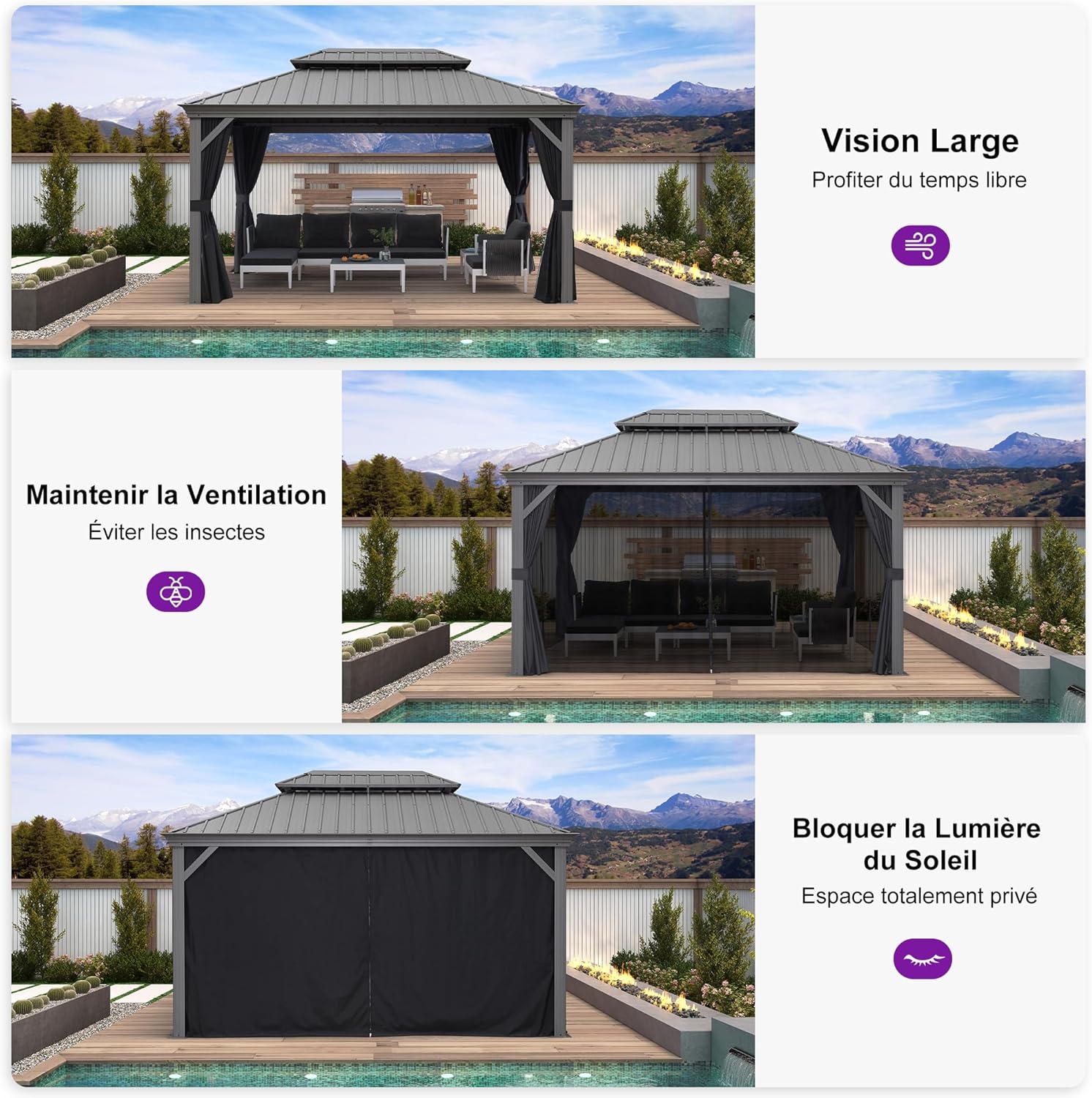 karaca-alisveris - tonnelle extérieur - 3 x 4,25 m - alu double toit, rideaux, LED