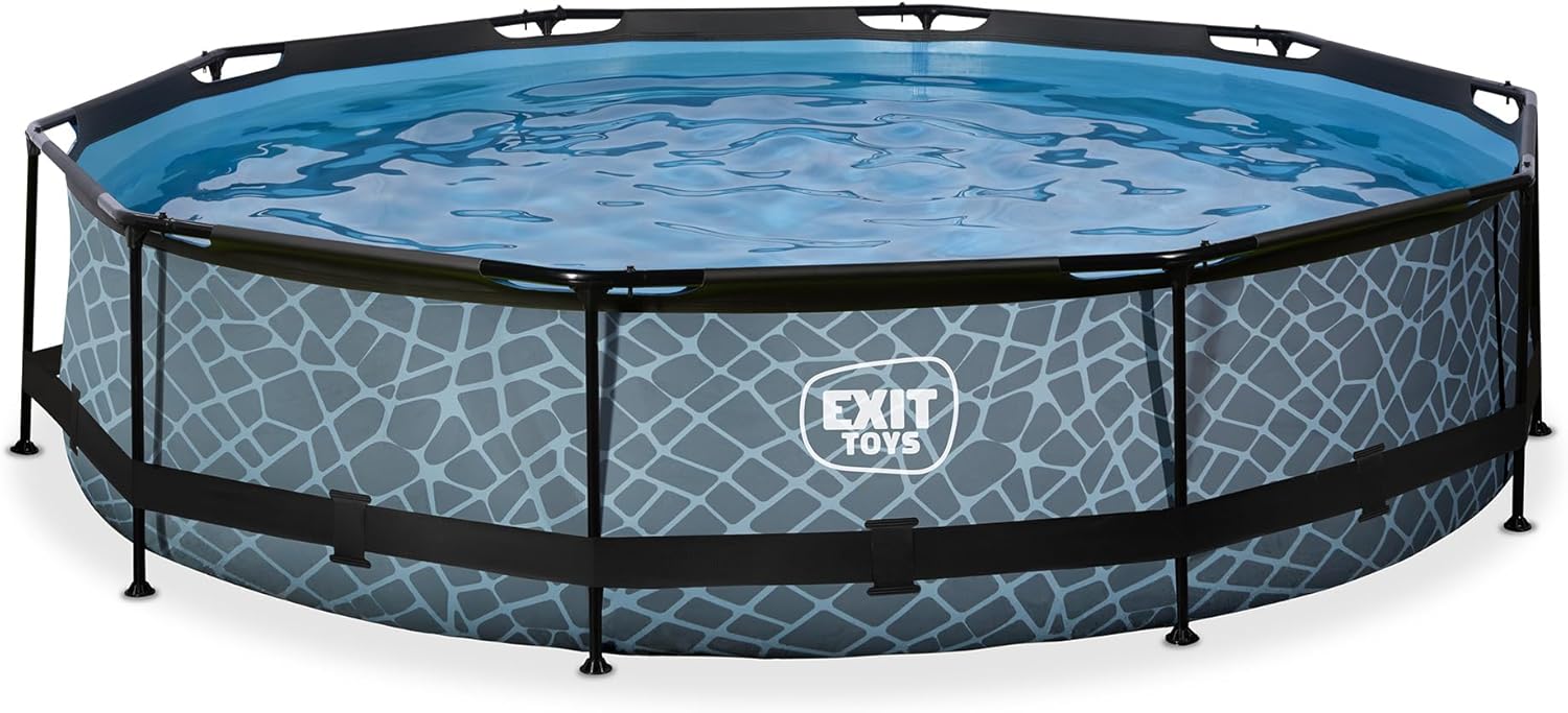 karaca-alisveris Piscine Tubulaire Stone - ø360x76cm - Piscine Hors Sol Ronde Grande avec Pompe Filtrante à Cartouche - Entrée Basse - Idéal pour Les Jeunes Enfants - Cadre Stable - Design Unique - Gris