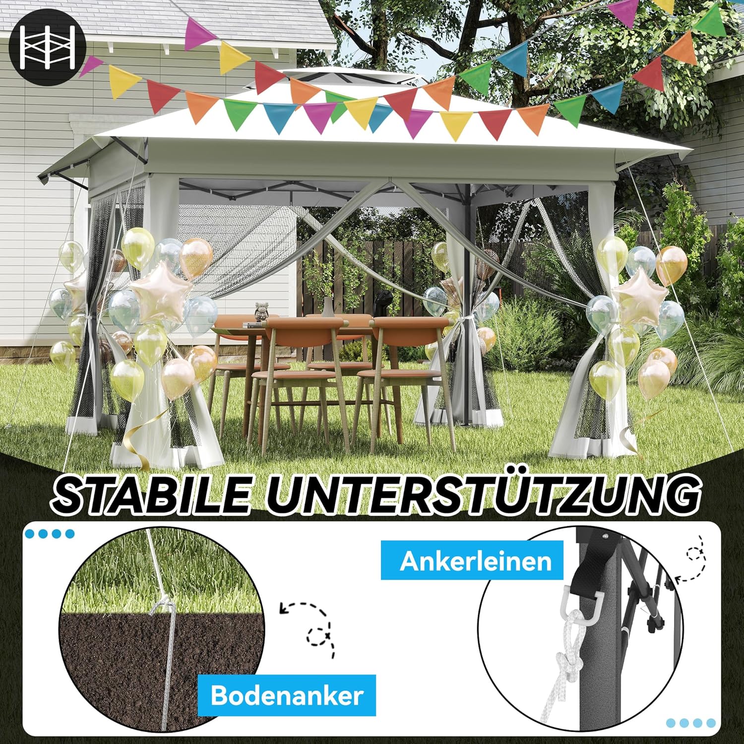 Tonnelle de jardin - pop up - 4x4 m - étanche, UV, réglable, moustiquaire