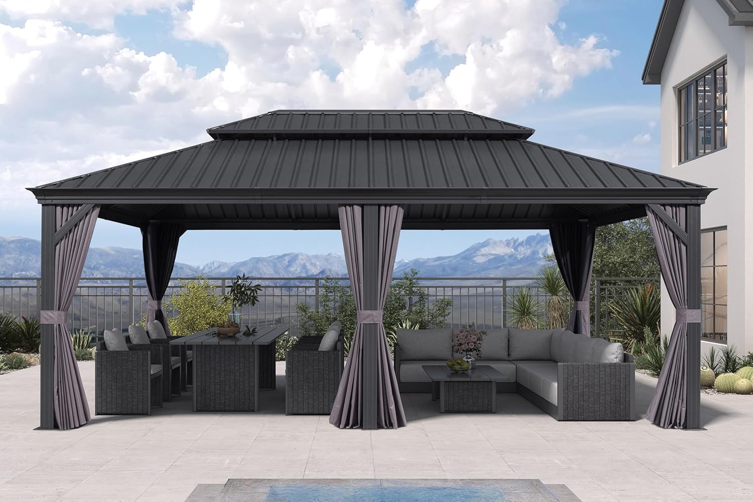 karaca-alisveris - Pergola Série Extérieur - 6x4m - Toit acier, moustiquaire, rideaux, gouttière