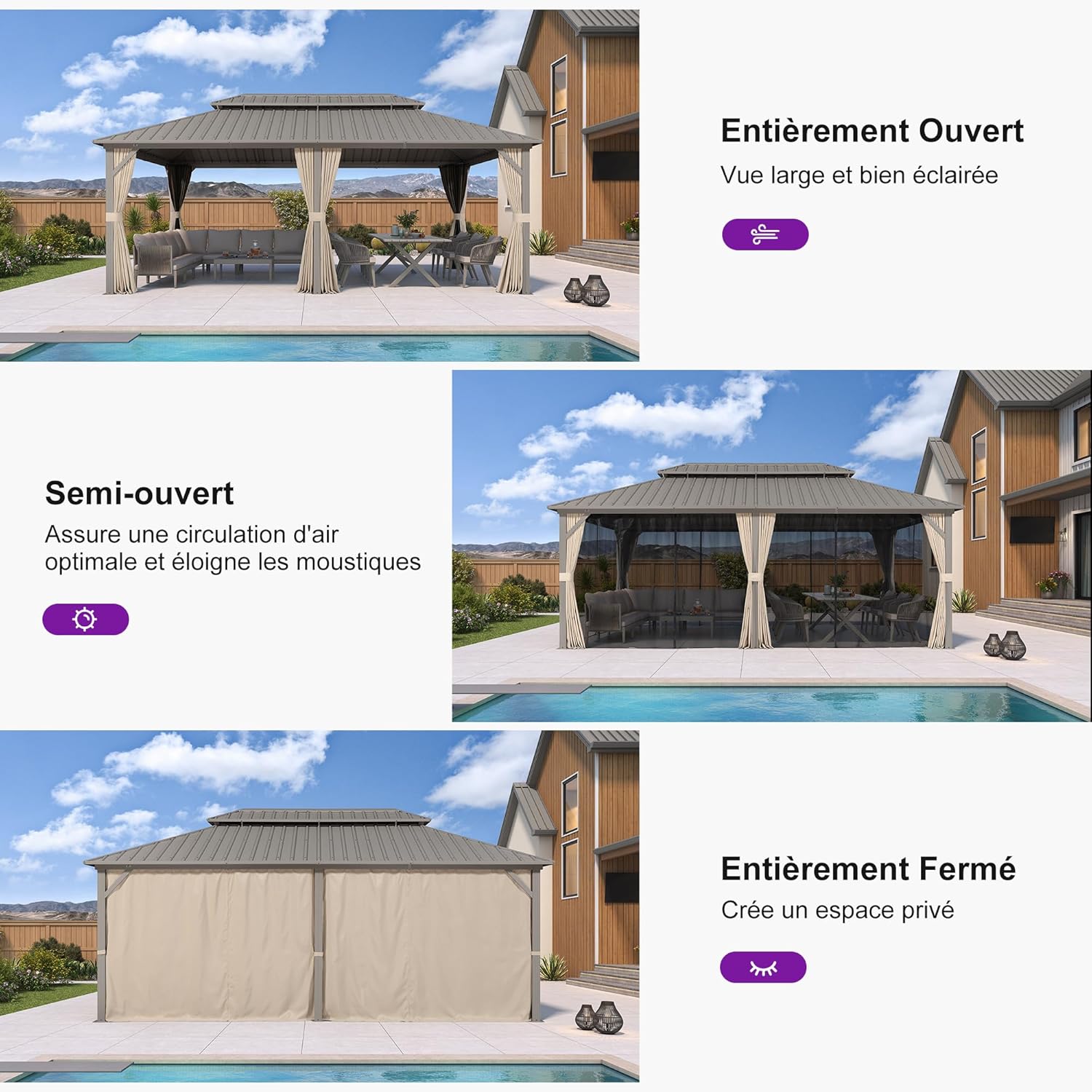 karaca-alisveris - Pergola série Champagne - 6 x 3,65 m - aluminium, toit acier, moustiquaire et rideaux