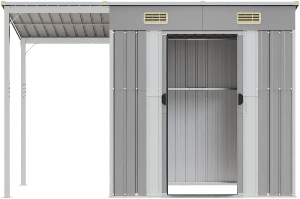 Abri de Jardin avec Toit prolongé Gris Clair 277x110,5x181 cm,Abris De Jardin,Abri De Stockage pour Jardin,Abri D'Outils De Jardin