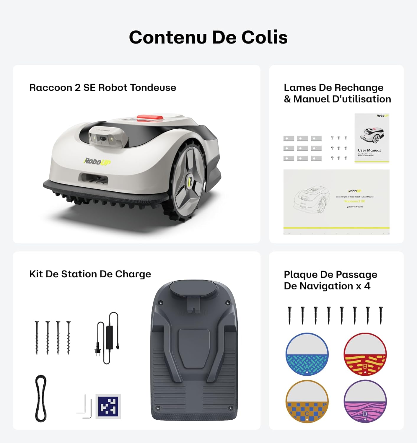Raccoon - Robot Tondeuse 600m² - Vision sans RTK, U/Tonte, 5Ah Recharge, 150min Autonomie.