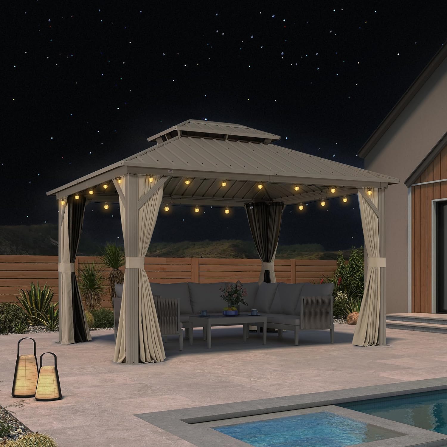 karaca-alisveris Tonnelle de Jardin Extérieur 3,65 x 3 m avec Éclairage Extérieur, Pergola Aluminium à Toit Rigide en Acier Galvanisé, Pavillon Imperméable pour Camping, Fête, Barbecue, Champagne