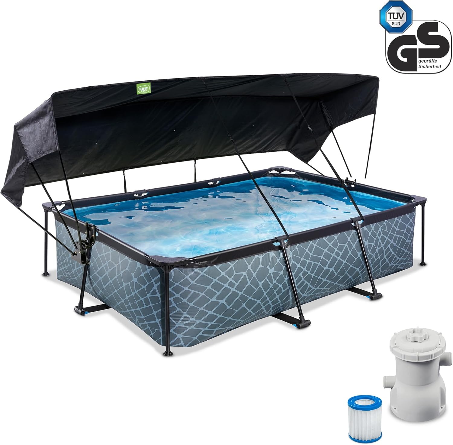karaca-alisveris Piscine Stone avec Voile d'Ombrage - 300x200x65cm - Piscine Hors Sol Rectangulaire avec Pompe Filtrante à Cartouche - Protection Optimale Contre Les Rayons UV - Entrée Basse - Gris