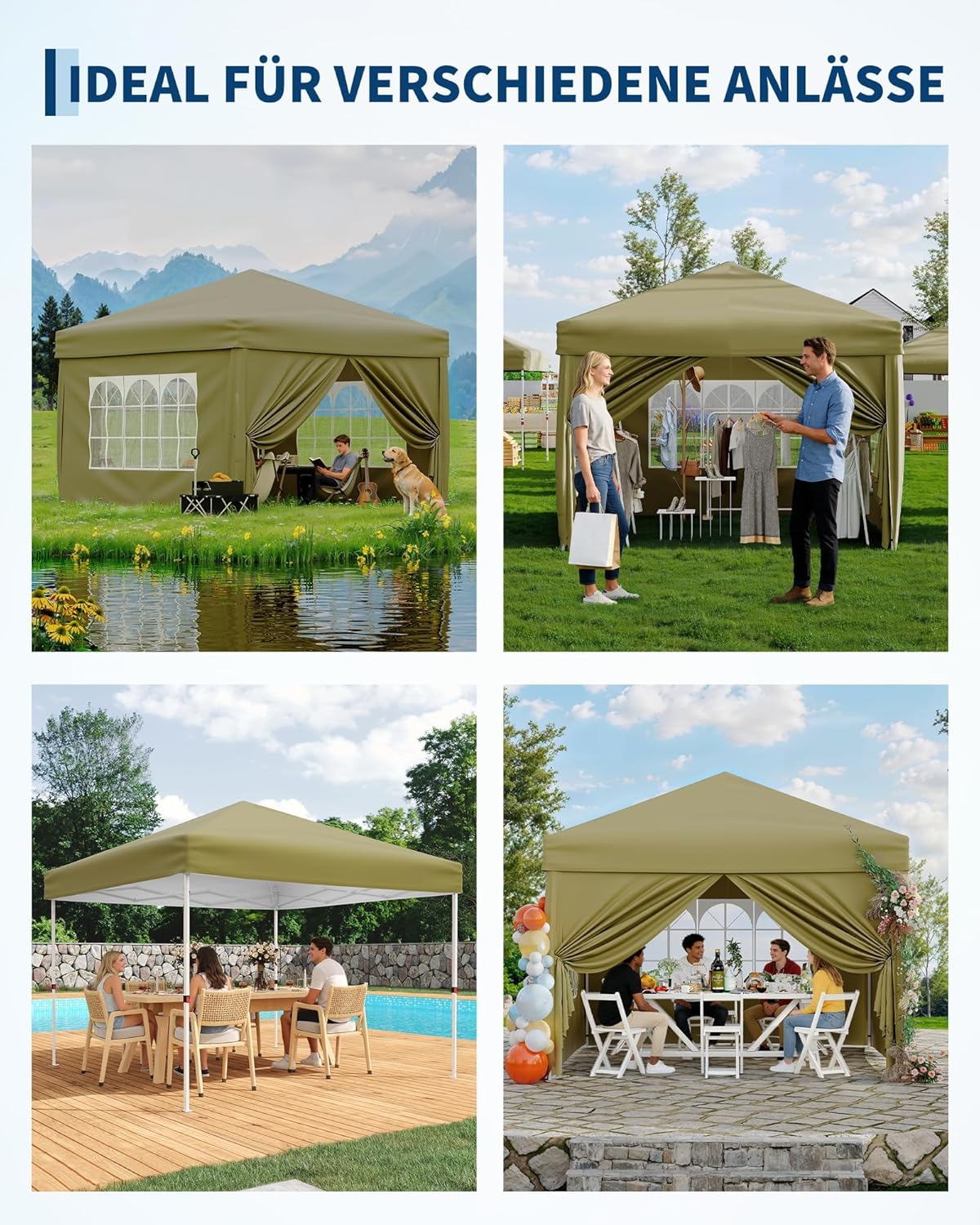 Gravee - Tonnelle pliante série pop-up - 3x3m - imperméable, anti-UV, parois latérales, sac transport