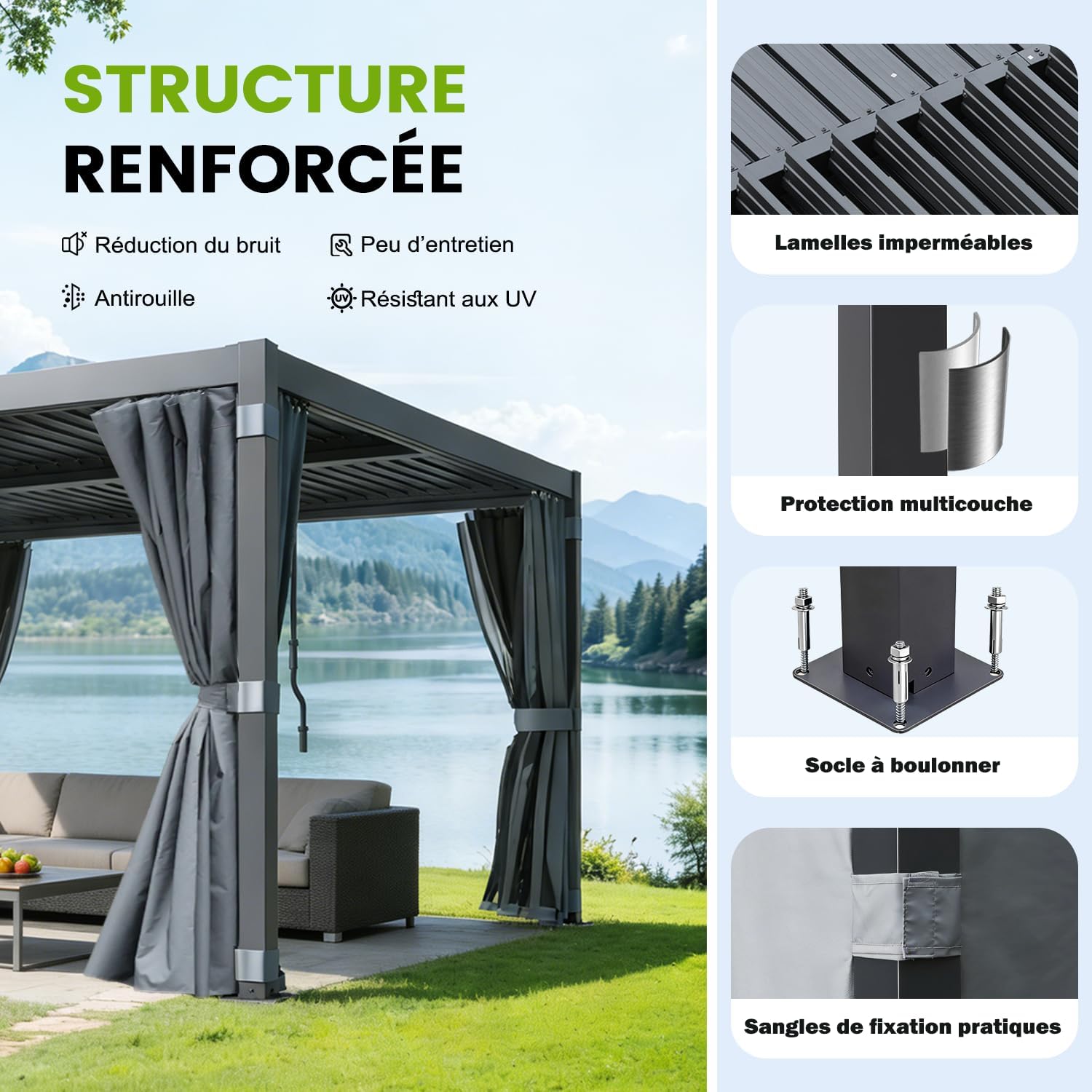Pergola bioclimatique aluminium acier 3x3,6m toit lamelles rideaux