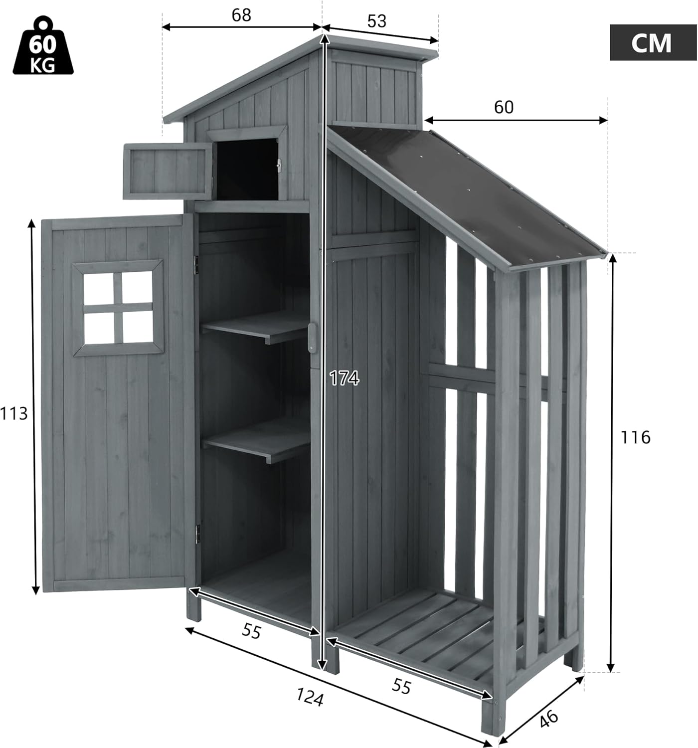 Abri de jardin bois - structure selle, 124x46x174 cm, PVC, 2 étagères