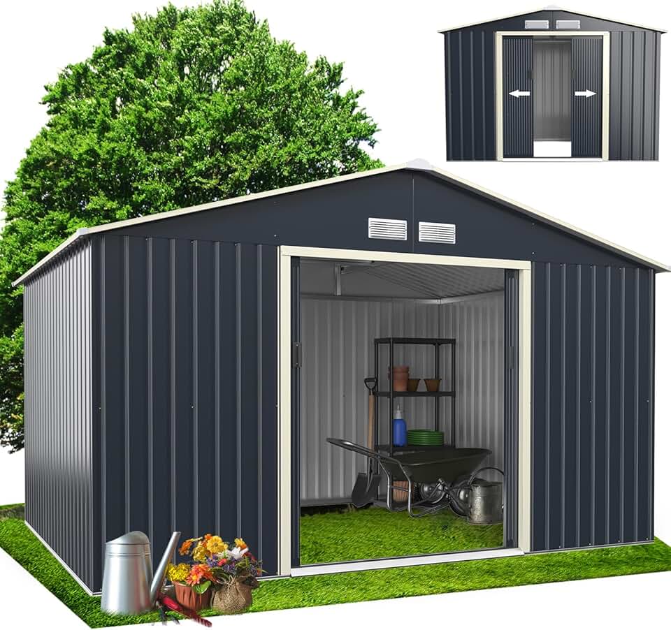 karaca-alisveris - Abri de jardin métal - 340x255x210cm - porte coulissante, toit pente, extérieur, résistant - KX7177KV+FR