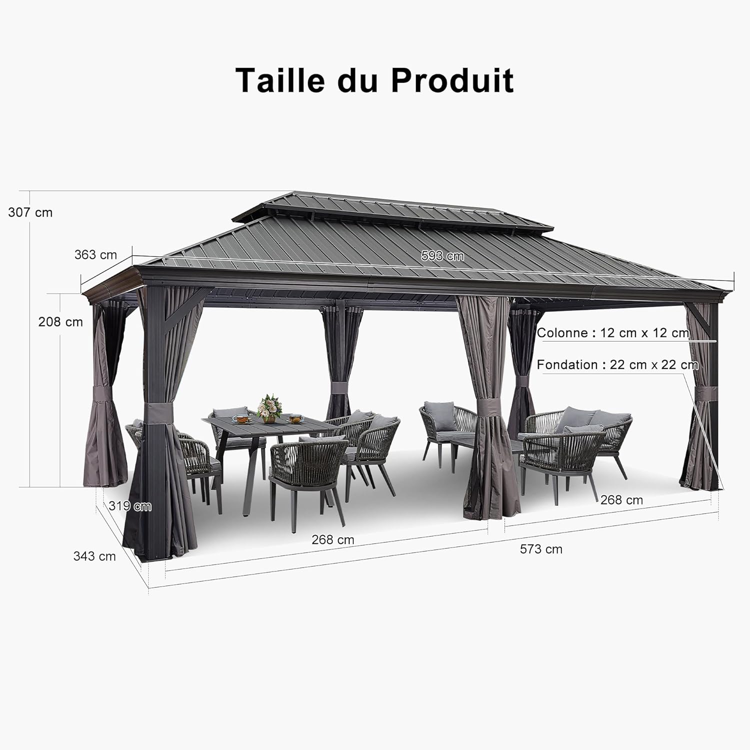karaca-alisveris - Pergola double toit acier - 6x3,65m - moustiquaire, rideaux, gouttière, poteaux renforcés