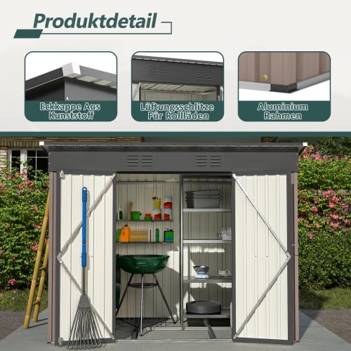 Abri de jardin en métal 229x111 cm – Marron, résistant aux intempéries avec cadre de fondation et porte verrouillable, pour vélos et outils, remise 8x4 pi