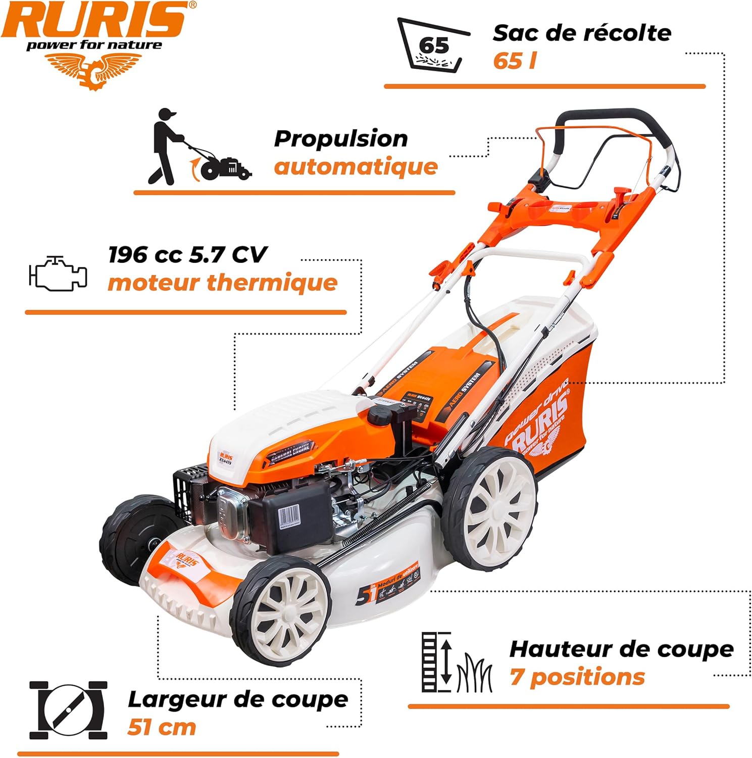 Ruris - tondeuse série RX - coupe 51 cm, 196cc, 5,7CV, démarrage électrique - RX441S