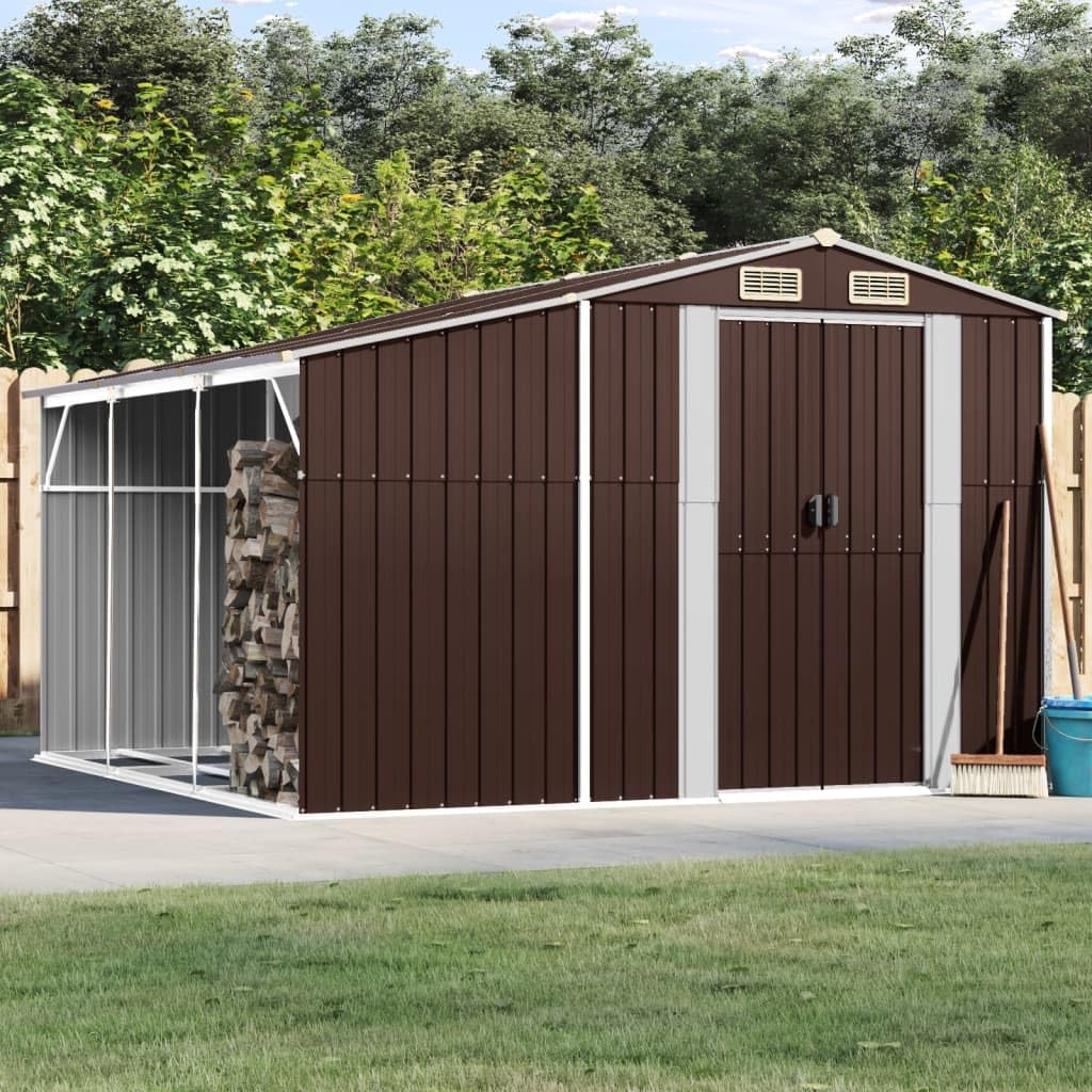 Abri de jardin en acier galvanisé, 277 x 279 x 179 cm, marron, avec espace de rangement généreux et support pour bois de chauffage, métal robuste pour outils de jardin et meubles, poignées de porte