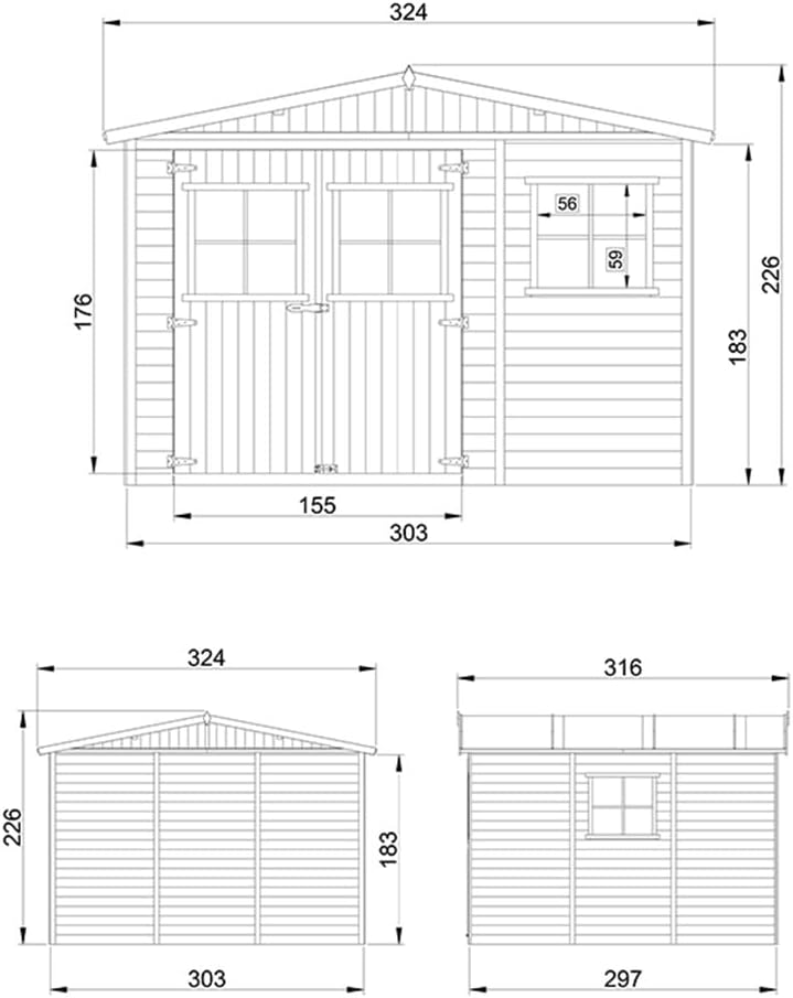 Abri de Jardin en Bois Naturel - Stockage extérieur avec fenêtres- H226x316x324 cm/9 m² Hangar en Bois Naturel - Atelier Rangement Outils et vélos- karaca-alisveris M335