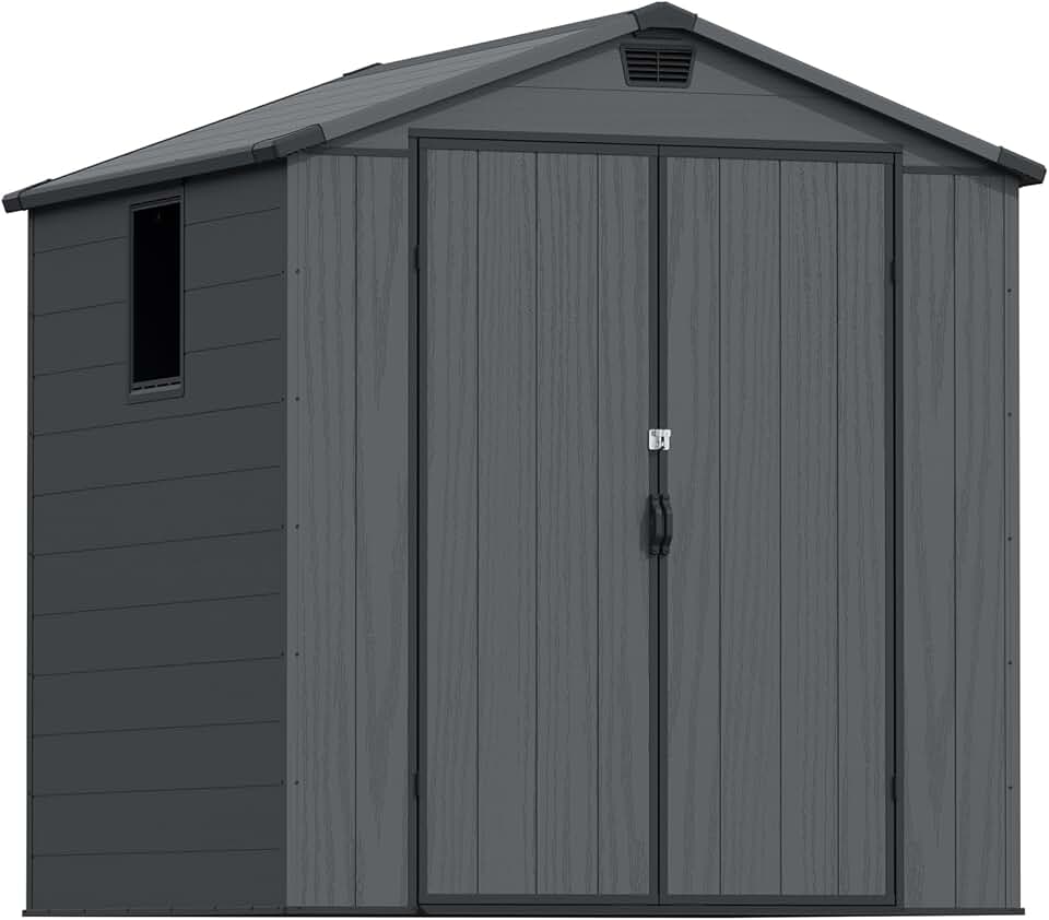 karaca-alisveris Abri de jardin extérieur en plastique avec double portes verrouillables et toit en apex – Abri de jardin pour outils de terrasse, abri pour vélo, poubelle – Résistant aux intempéries et à la