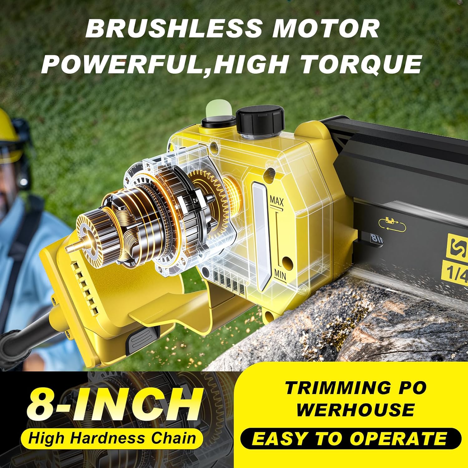 8 Pouces Mini Tronconneuse avec Perche & Secateur Electrique, 4-en-1 Ensemble d’Outils de Jardin avec 2 * 4000 mAh Batteries, Moteur Brushless, Portée Maximale Jusqu’à 4,2 m pour Jardinage/Arbres