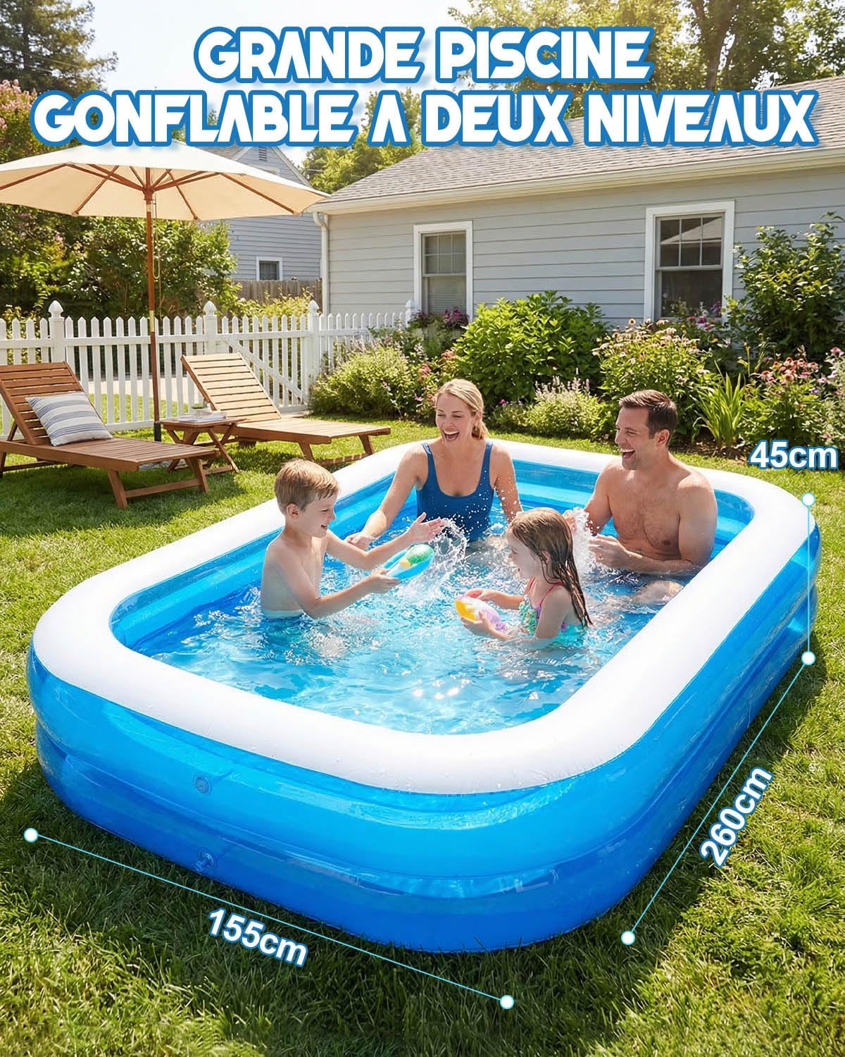 Piscine gonflable - rectangulaire - 260x155x45cm - grandes dimensions, usage intérieur/extérieur