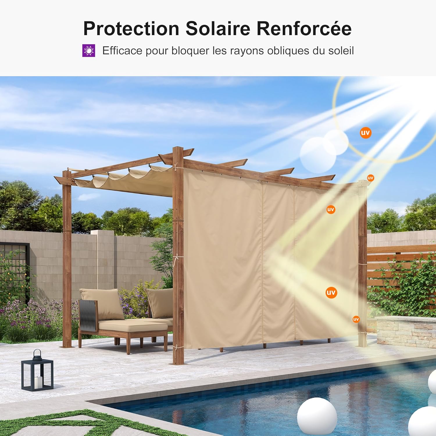 karaca-alisveris - Pergola alu finition teck 4x3m - toile rétractable, rideau, kaki