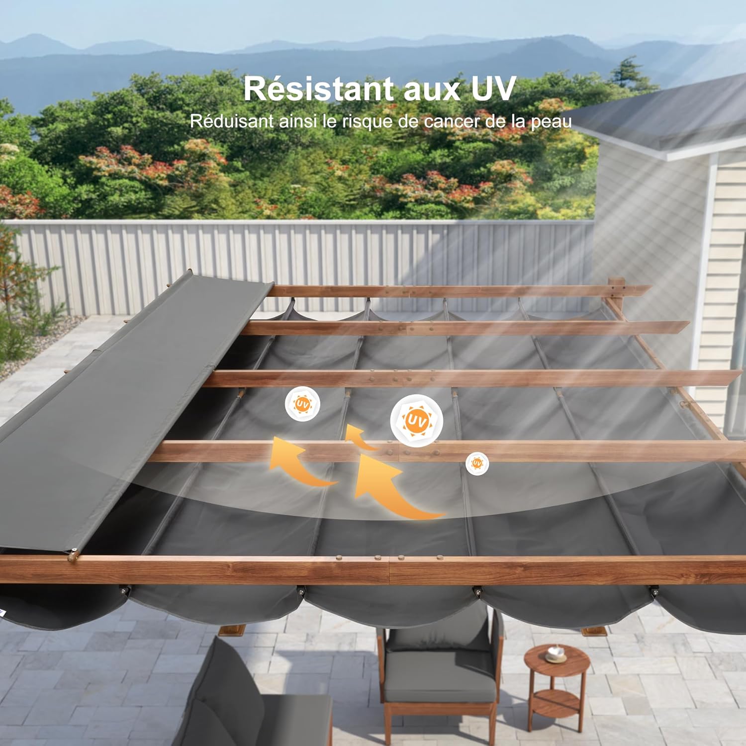 karaca-alisveris - Pergola aluminium - 4x3m - toile rétractable, teck, imperméable