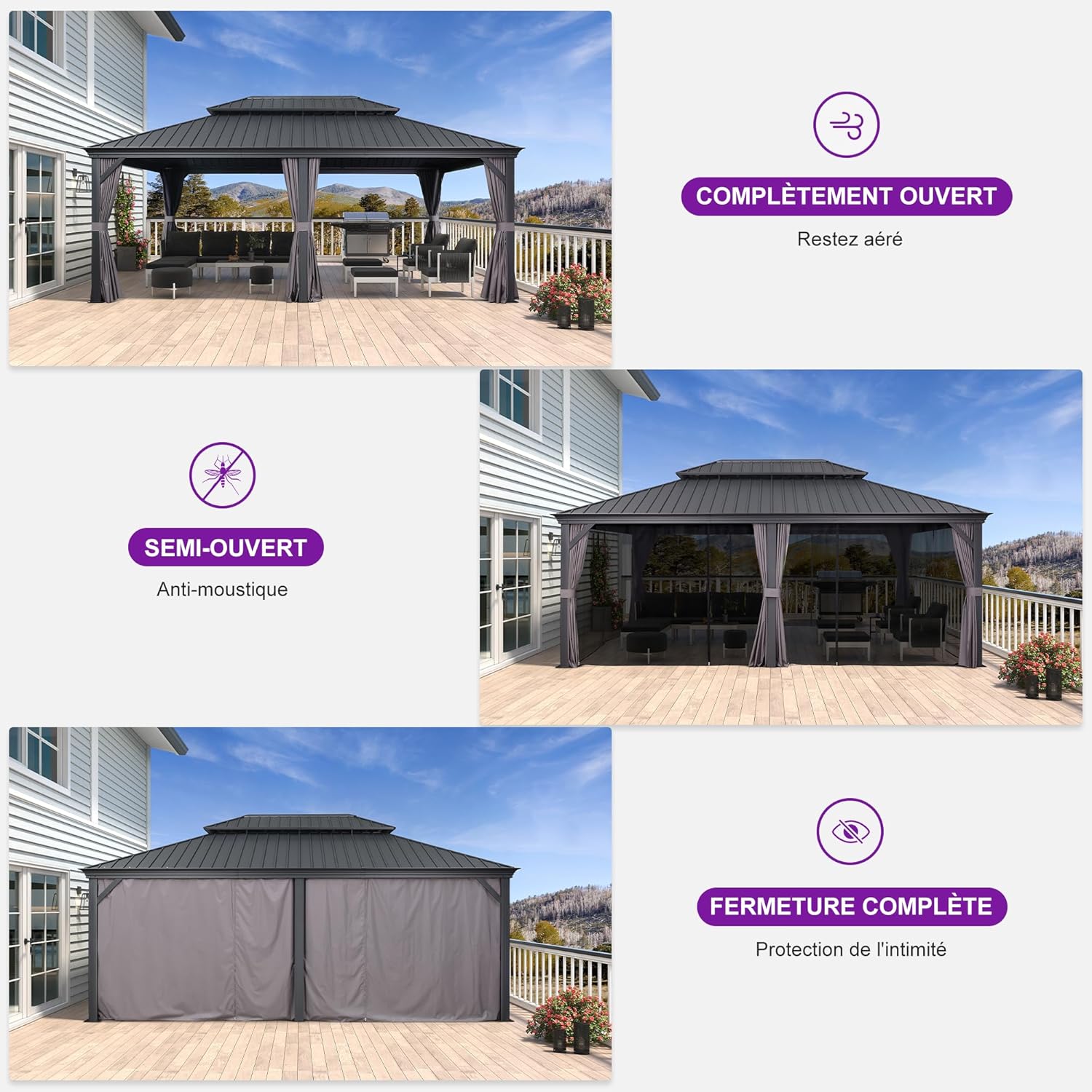 karaca-alisveris - Pergola Série 6x4,25m - alu, leds, rideaux, gouttière
