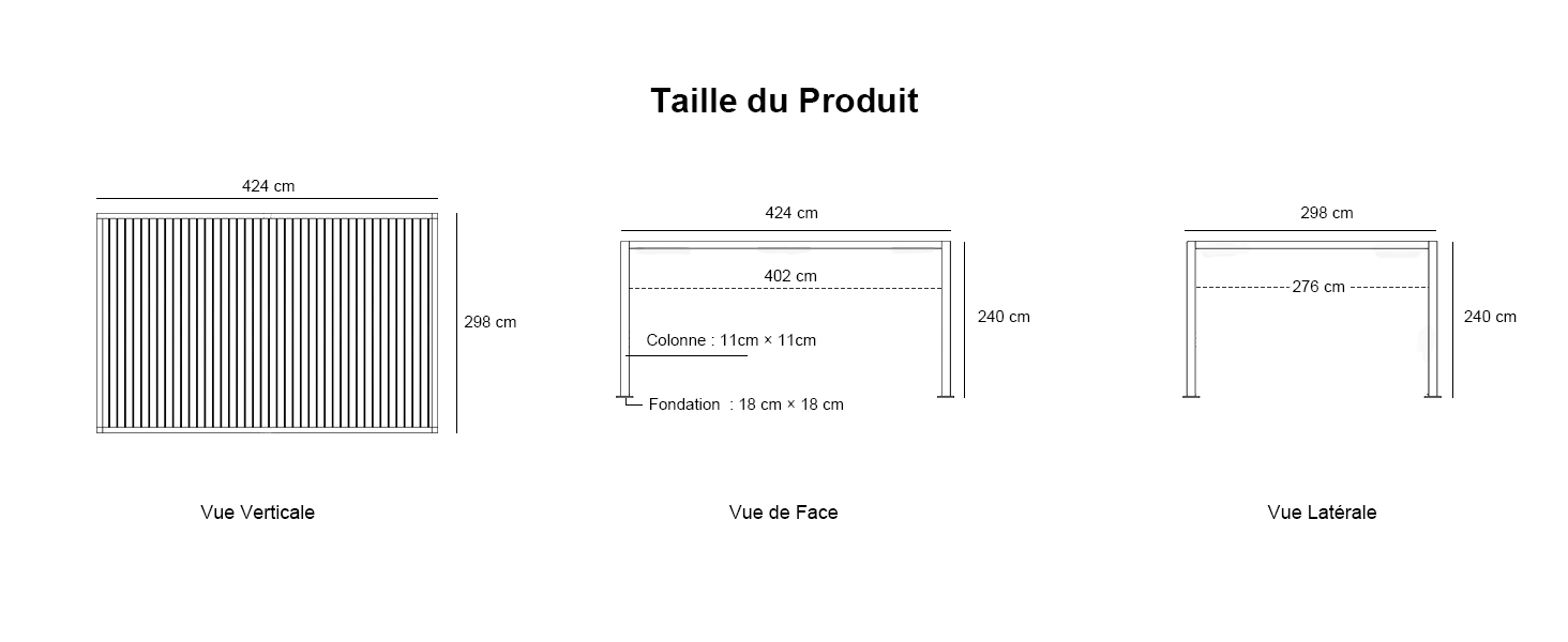Tableau des tailles des produits indiquant les dimensions en centimètres de trois articles : « Vue verticale », « Vue de face » et « Vue latérale ».