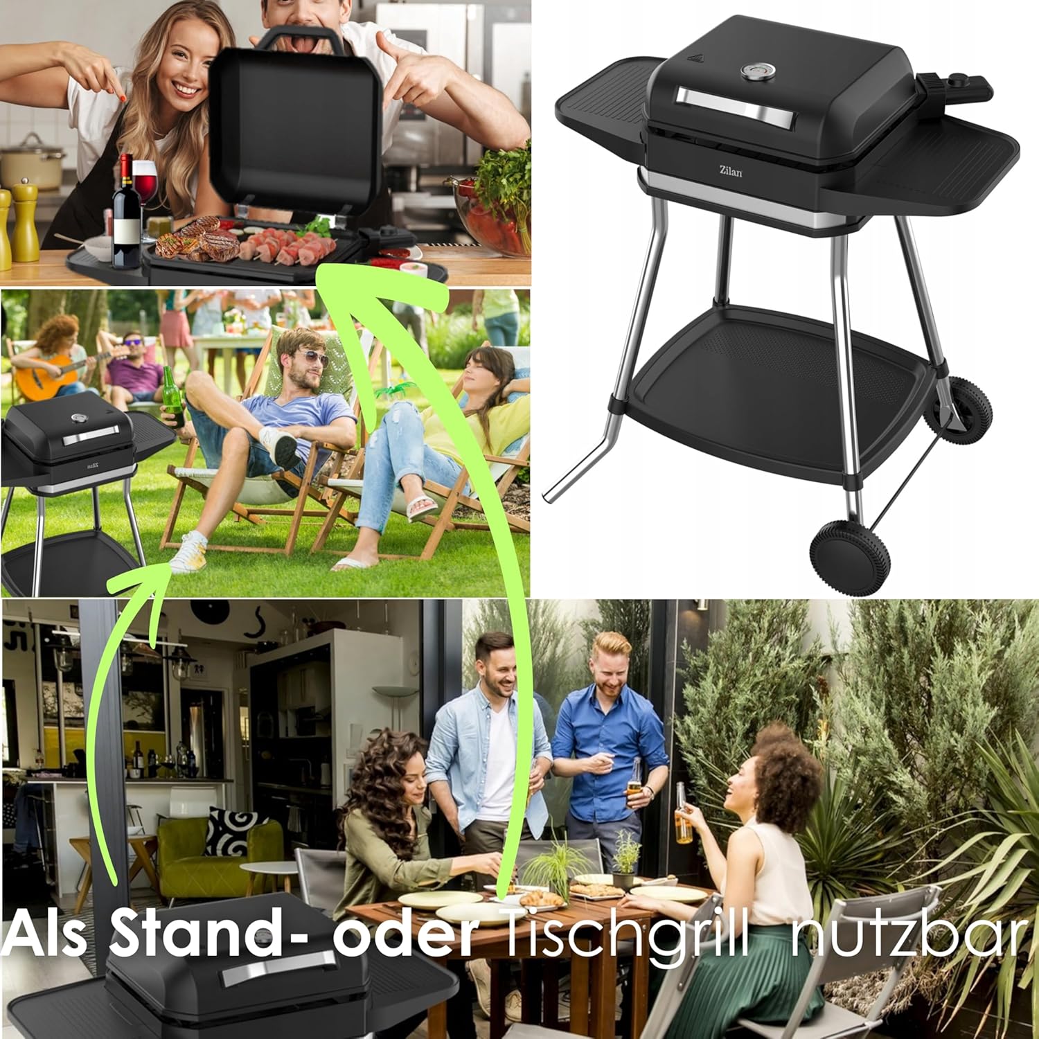 Barbecue électrique - 2 en 1 sur pied 3050W - grande surface, régulateur