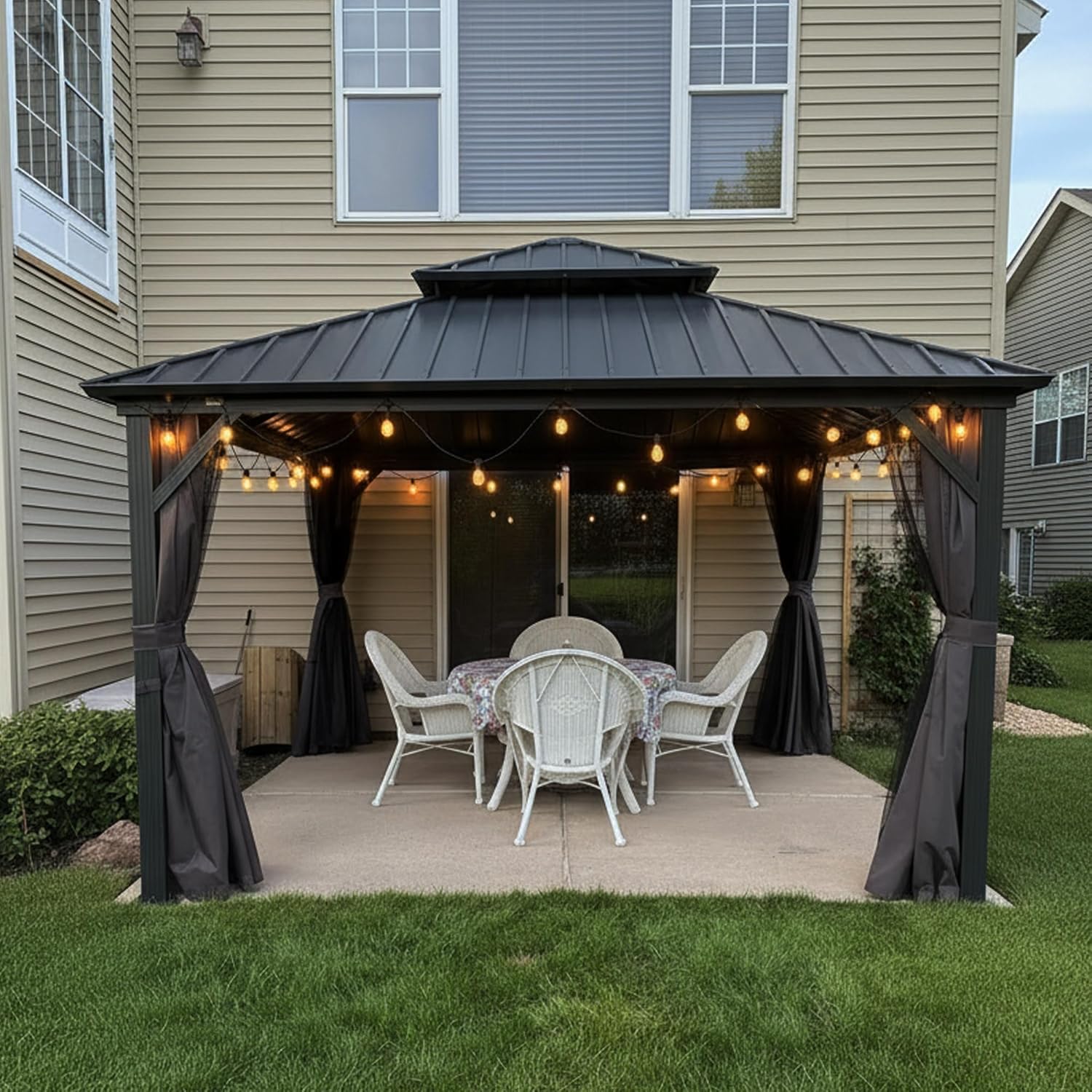 karaca-alisveris Tonnelle de Jardin Extérieur 3,65 x 3,65 m avec Guirlande Lumineuse, Pavillon Aluminium à Double Toit en Acier Galvanisé, Pergola Jardin Extérieur avec Rideaux pour Fête, Barbecue, Gris