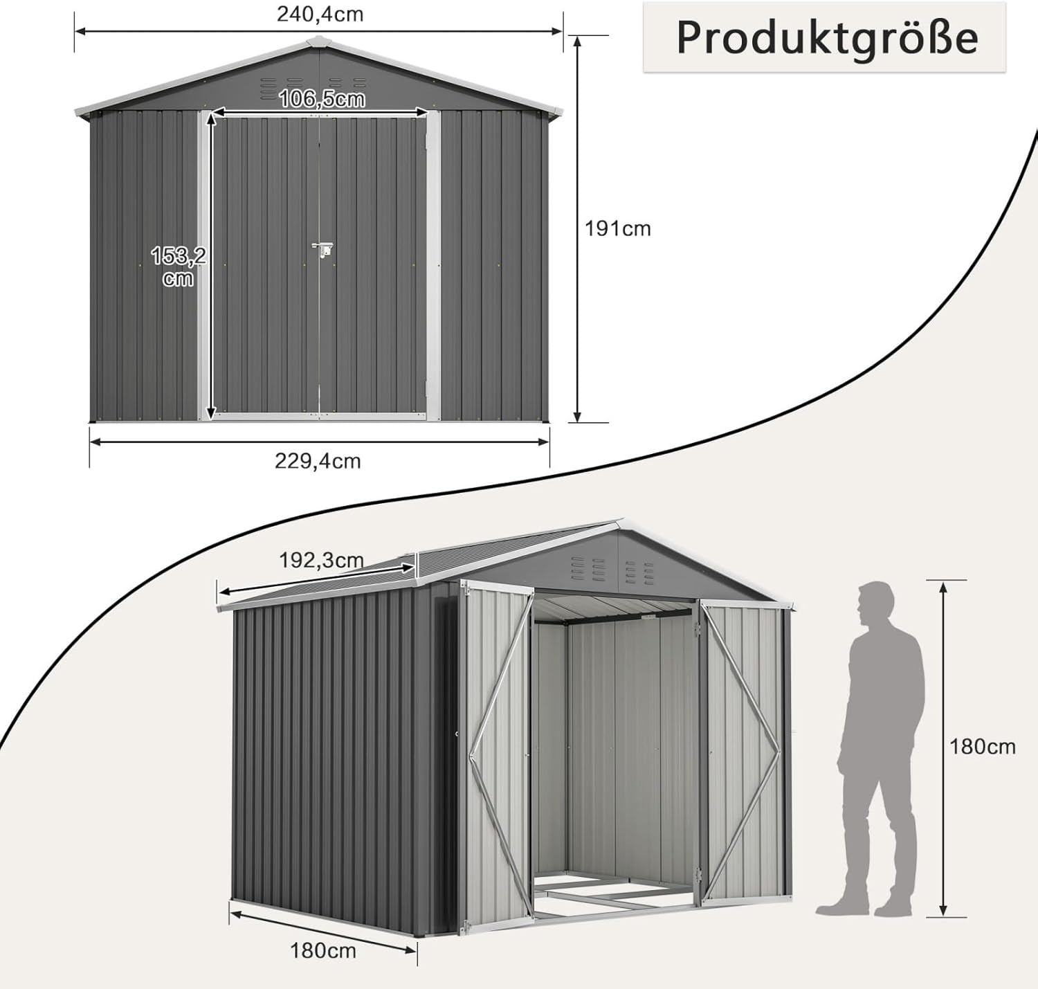Abri de Jardin Métal Galvanisé avec Fondation, Cabane de Jardin Extérieur Résistant aux Intempéries, Cabanon de Rangement Spacieux, Toit Incliné Anti-Pluie, Marron (8x6 FT)