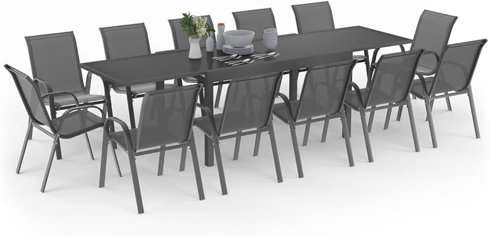 karaca-alisveris - Madrid série - table 135-270 cm et 12 chaises empilables - gris anthracite