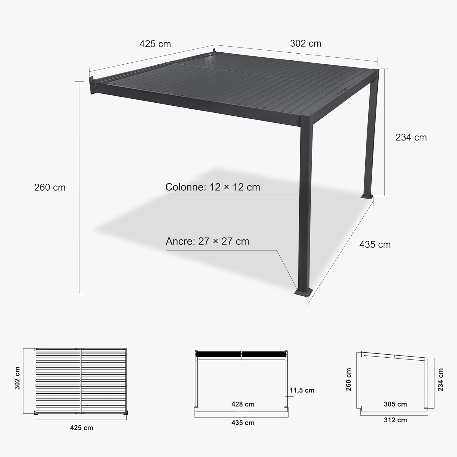 karaca-alisveris - Pergola bioclimatique adossée - 3x4,25m - aluminium, lames orientables, résistante UV et pluie