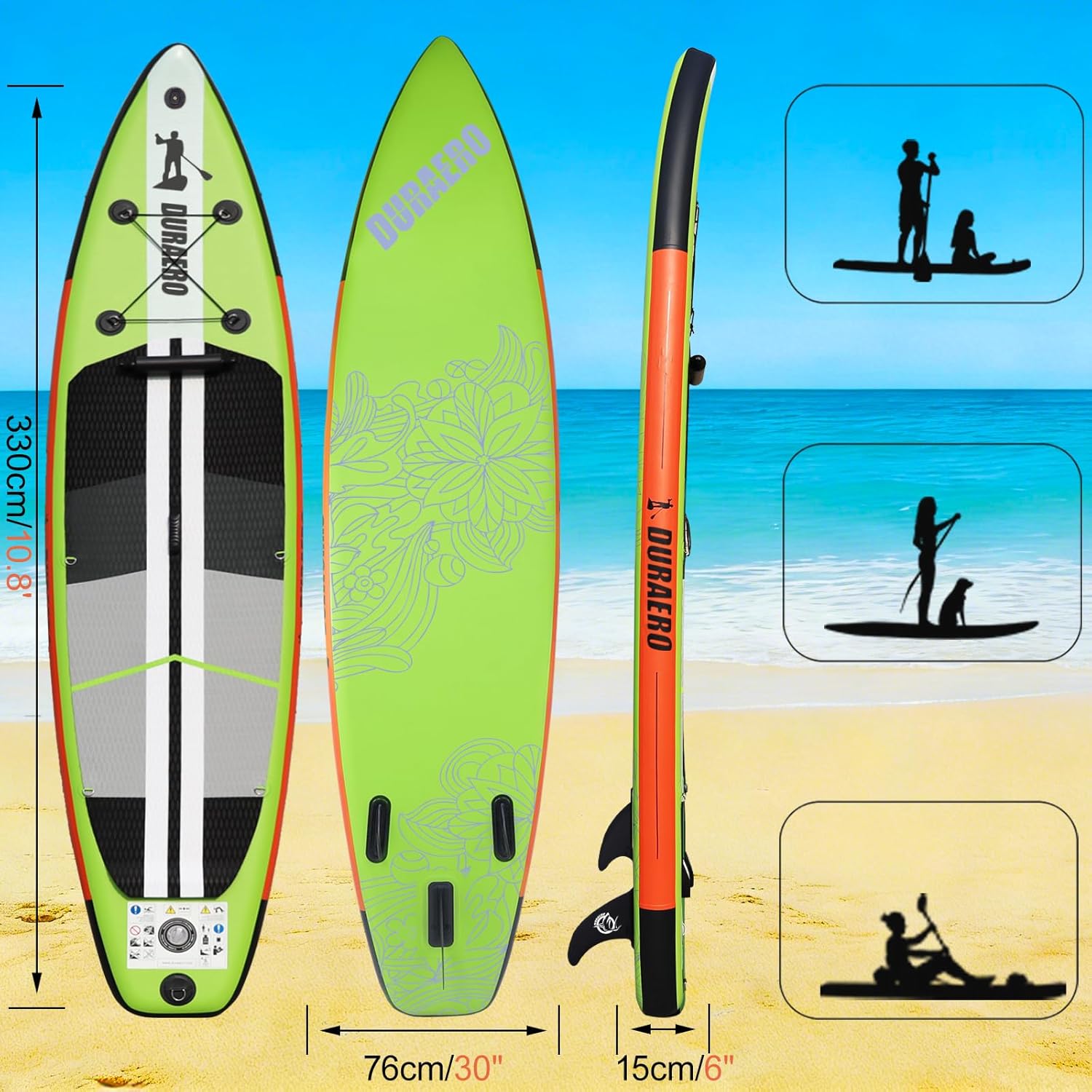 Planche de paddling SUP - siège kayak, 330x76x15cm, 150kg, coussinet, 3 ailerons, double pagaie, accessoires, SUP33015