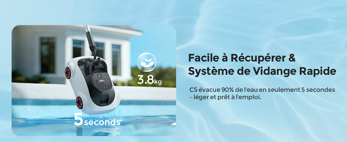 Le texte indique « Facile à récupérer & Système de Vidange Rapide ». Série d'images de produits montrant un système de caméra de sécurité avec fond bleu et des éléments d'interface.