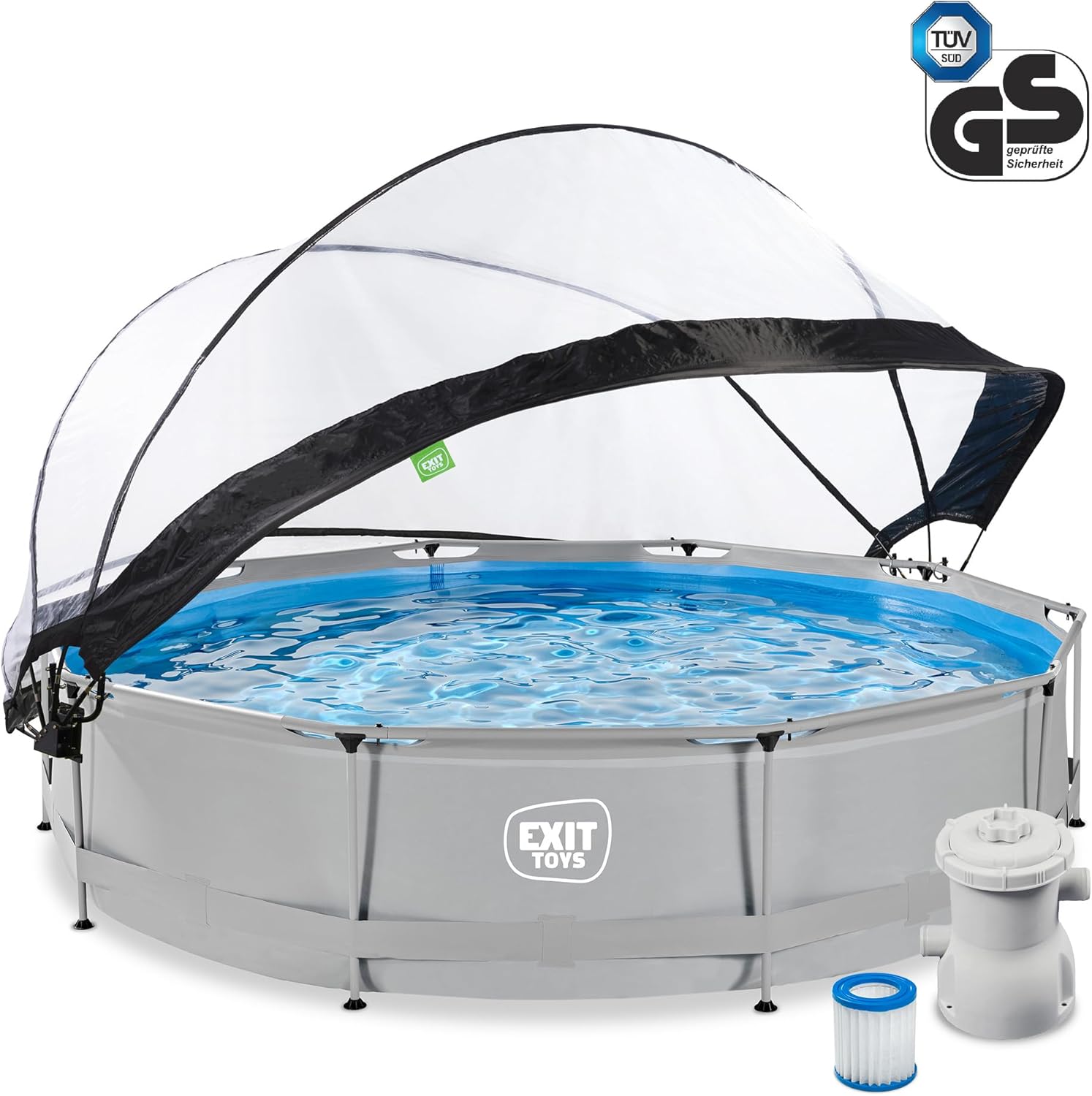 karaca-alisveris Piscine Tubulaire Soft Grey avec Dôme Multifonctionnel - ø360x76cm - Piscine Hors Sol Ronde avec Pompe Filtrante à Cartouche - Entrée Basse - Pour l'Eau de la Piscine Propre et Chaude - Gris