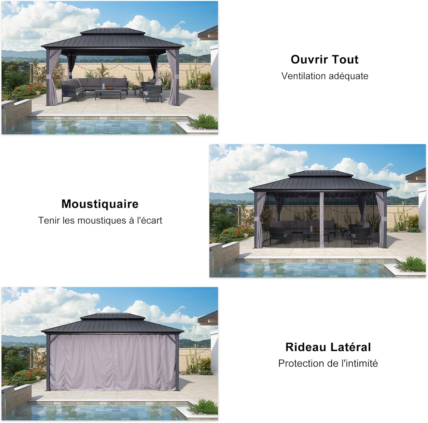 karaca-alisveris - pergola série double toit - 4,85x3,65 m - alu acier, rideaux, moustiquaire