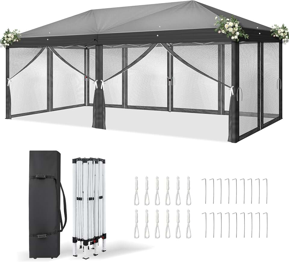 karaca-alisveris Tonnelle Pliable 3x6 m Imperméable Anti-UV 50+, Hauteur Ajustable avec 6 Moustiquaires, Structure Stable, pour Jardin, Terrasse, Camping Et Usage Professionnel,Anthracite