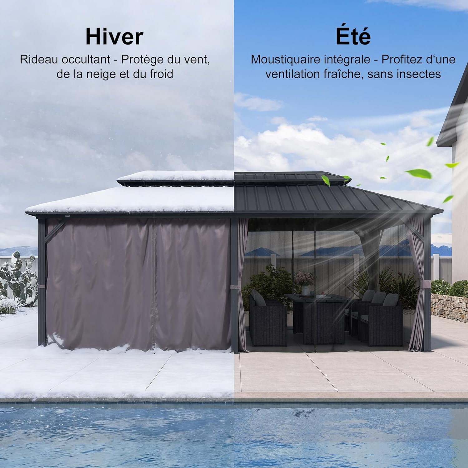 karaca-alisveris - pergola double toit 6x3m, alu & acier, rideaux & moustiquaire
