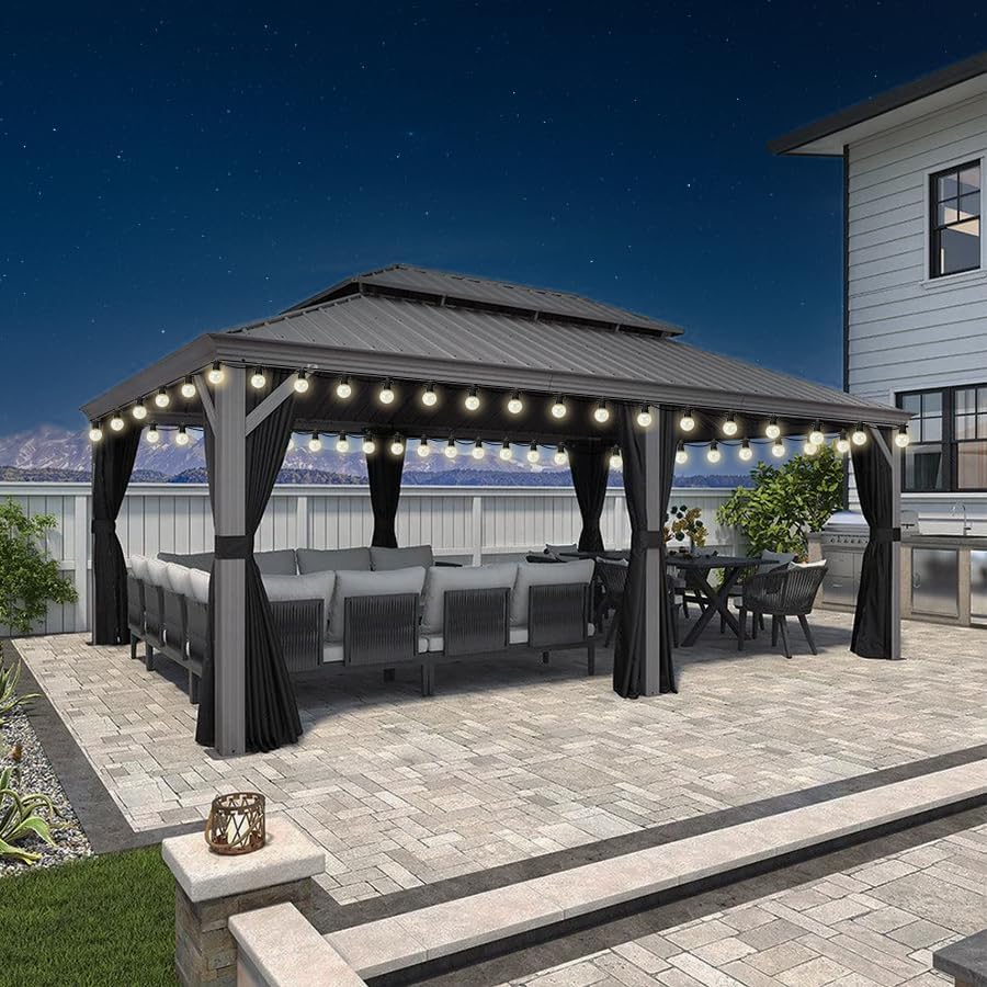 karaca-alisveris - pergola double toit - 4,25x6m - alu, rideaux, moustiquaire, guirlande