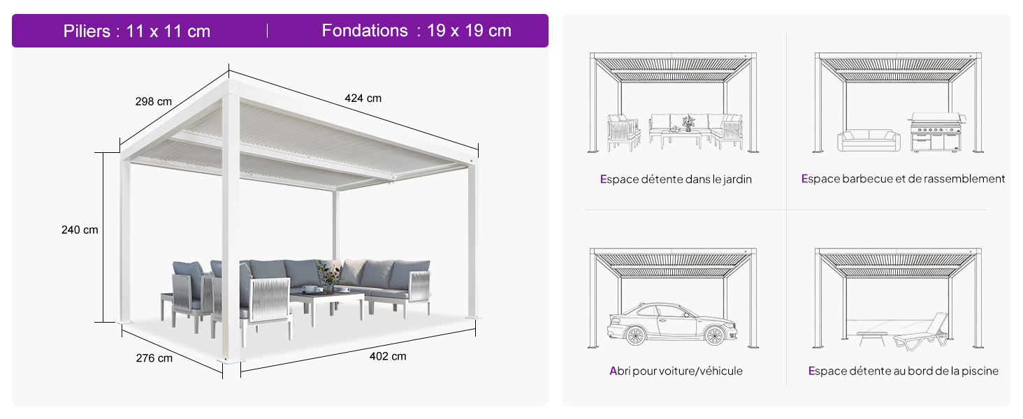 Schéma technique montrant les dimensions d'une structure de pergola extérieure avec coin salon. Plusieurs vues schématiques montrent les configurations d'éclairage et les mesures indiquées en centimètres.