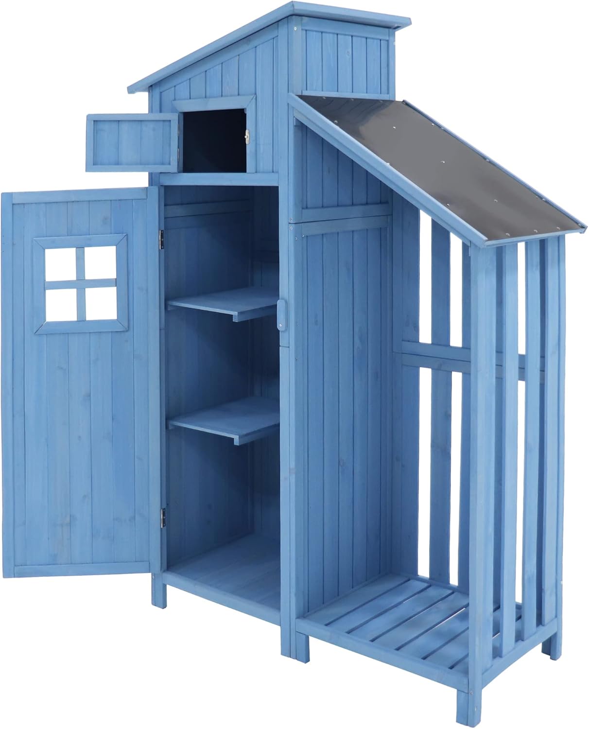 Abri de jardin bois - cabane selle PVC - 124x46x174cm - fondation, 2 étagères, armoire outils - bleu